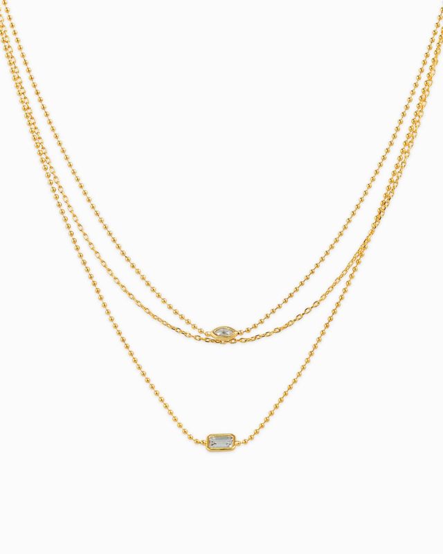 SESSORI 3 LAYERED BEZEL MARQUISE BAGUETTE CZ NECKLACE: GOLD