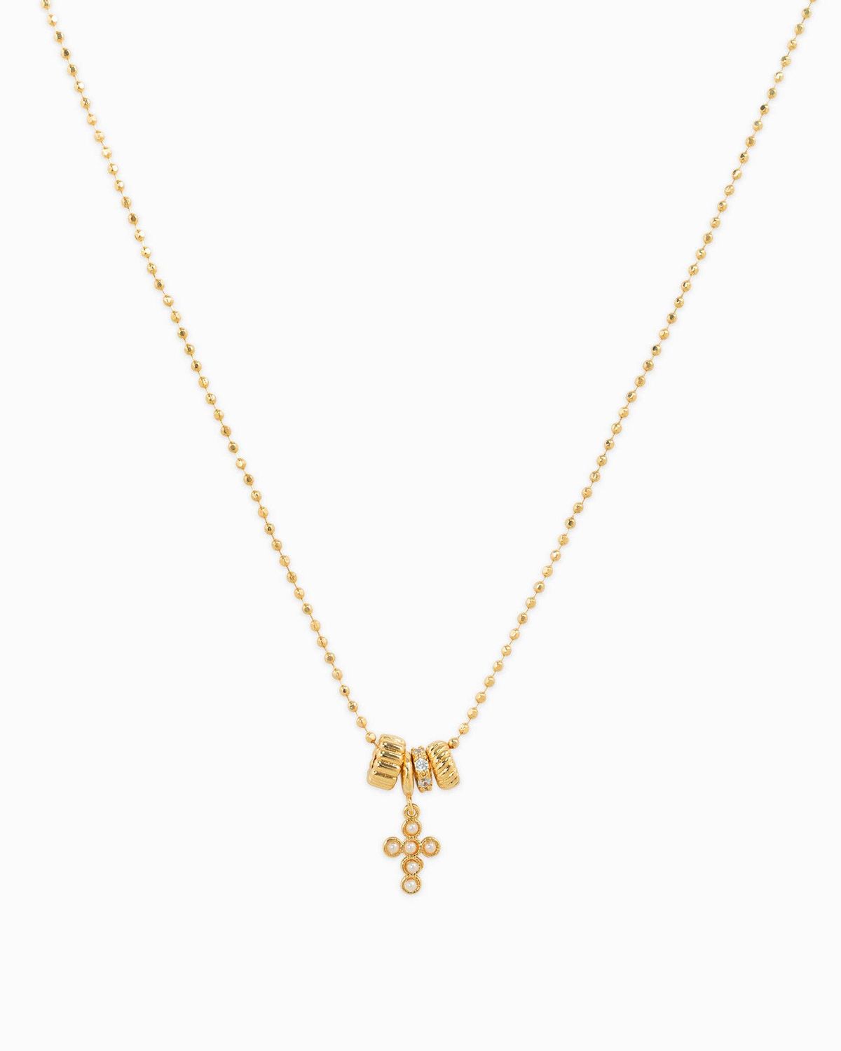 SESSORI RONDELLE CHARM CZ PEARL CROSS PENDANT NECKLACE: GOLD
