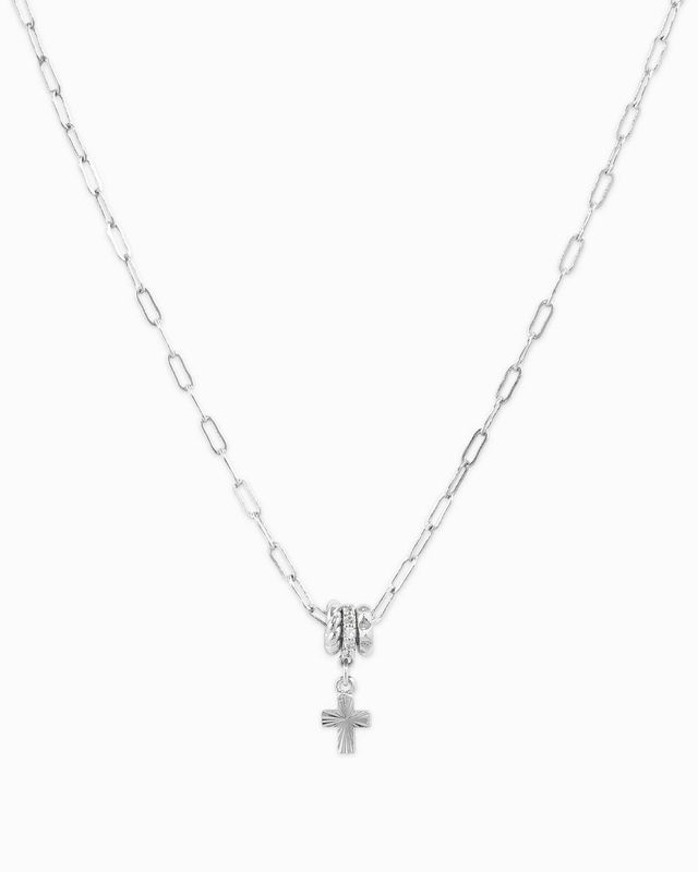 SESSORI  RONDELLE CZ CROSS ROPE CROSS 3CHARM NECKLACE: RHODIUM
