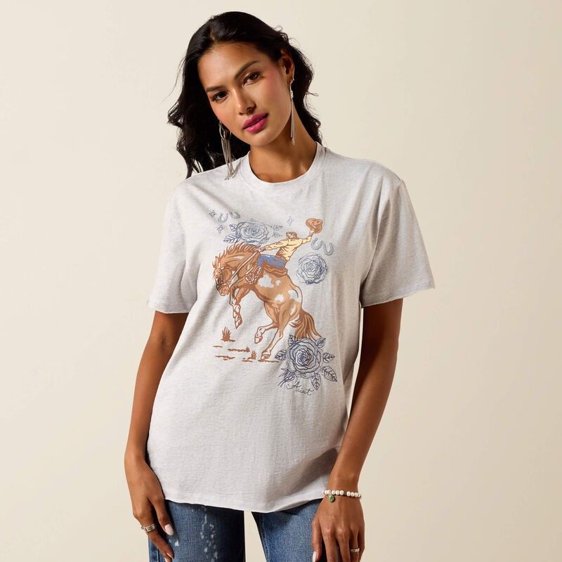 ARIAT WOMEN'S SHORT SLEEVE COWBOY ROSE TEE SHIRT - STEEL HEATHER