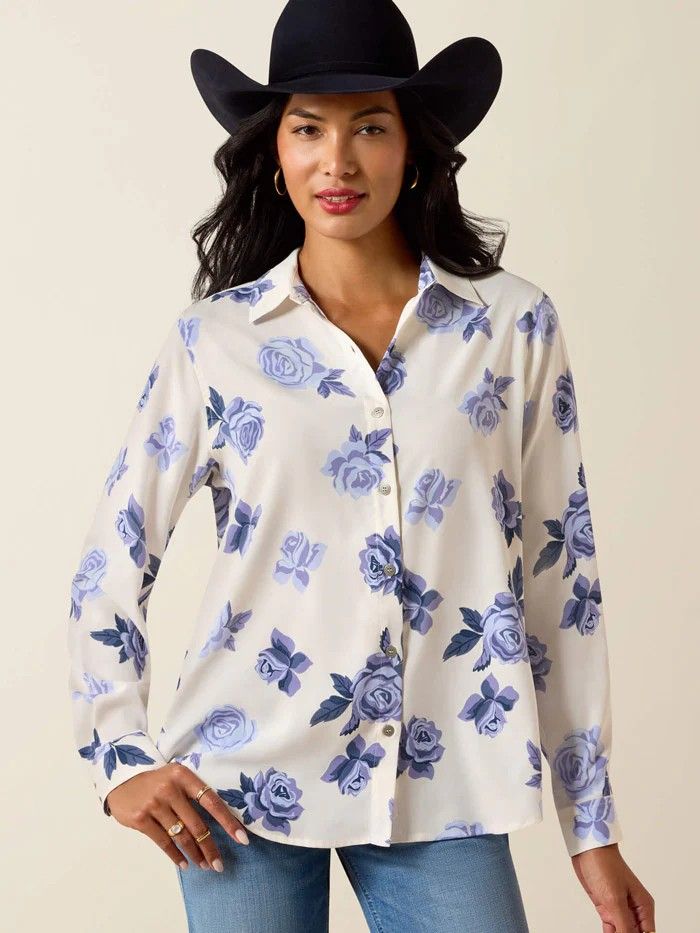 ARIAT WOMEN'S LONG SLEEVE HOMESTYLE BUTTON SHIRT - ROSES ARE BLUE