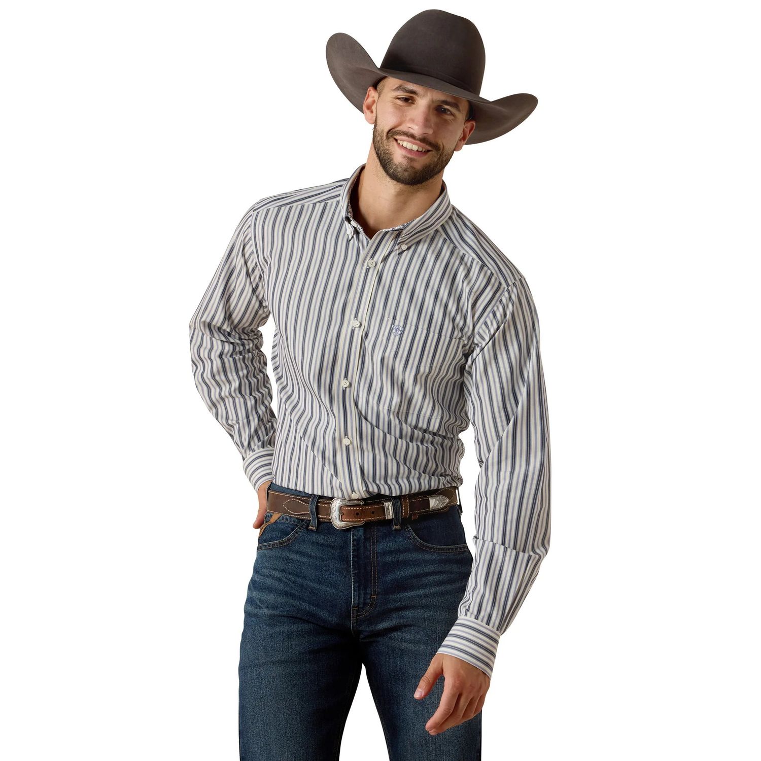 ARIAT MEN'S LONG SLEEVE WRINKLE FREE WICKHAM FITTED BUTTON SHIRT - COASTAL FJORD BLUE PLAID