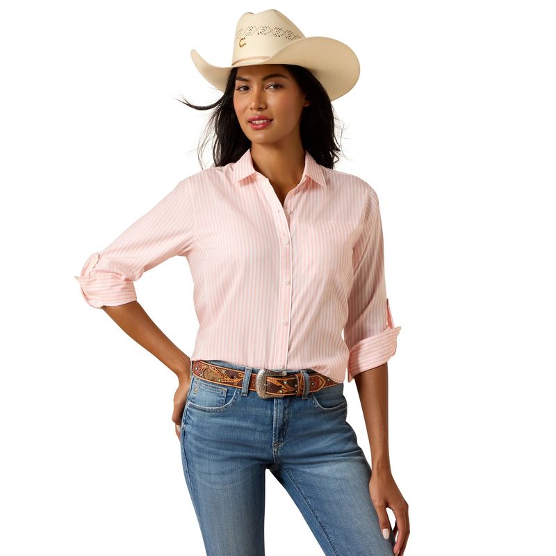 ARIAT WOMEN'S LONG SLEEVE VENTTEK BUTTON SHIRT - PEACH STRIPE