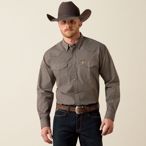 ARIAT MEN'S LONG SLEEVE FREY CLASSIC FIT PEARL SNAP SHIRT - WHITE GEO PRINT