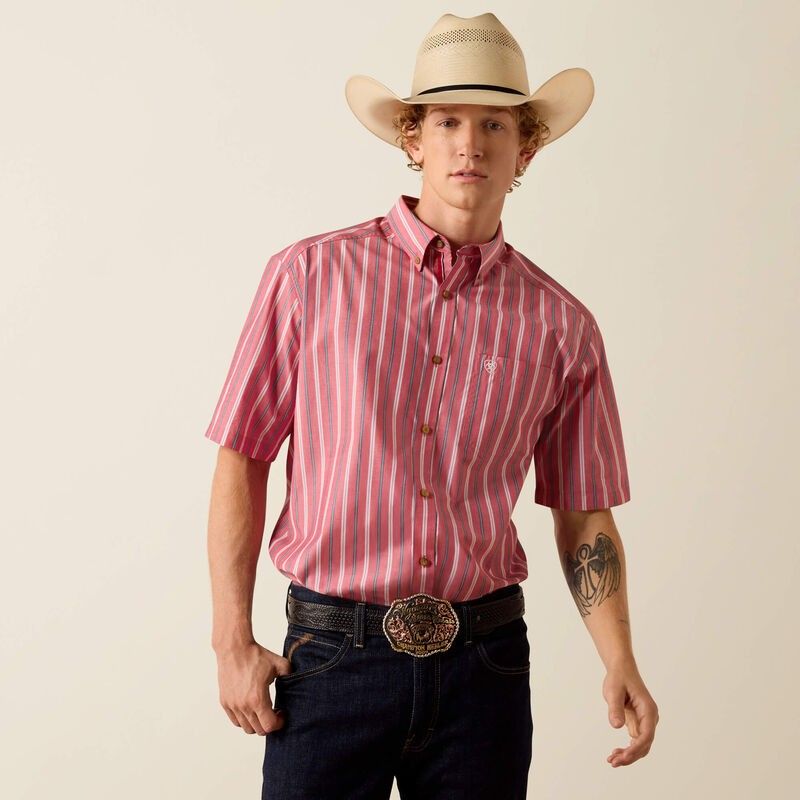 ARIAT MEN'S SHORT SLEEVE PRO SERIES BOBBY CLASSIC FIT BUTTON SHIRT - HIBISCUS RED STRIPE