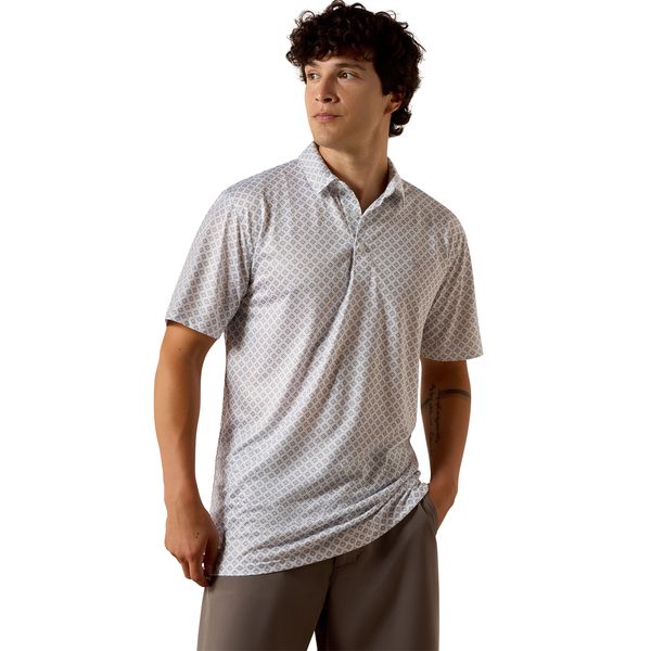 ARIAT MEN'S ALL OVER PRINT FITTED POLO SHIRT - WHITE GEO PRINT