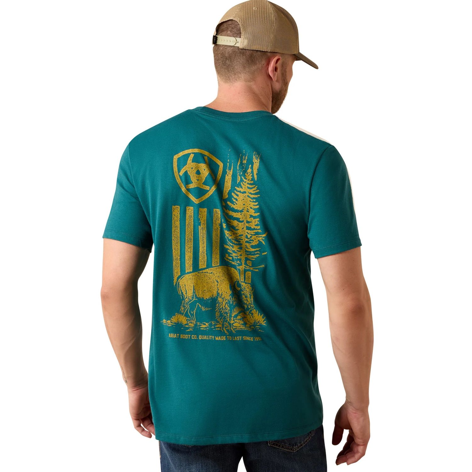 ARIAT MEN'S SHORT SLEEVE BISON WANDER FLAG CLASSIC FIT TEE SHIRT - MEDITERRANEAN