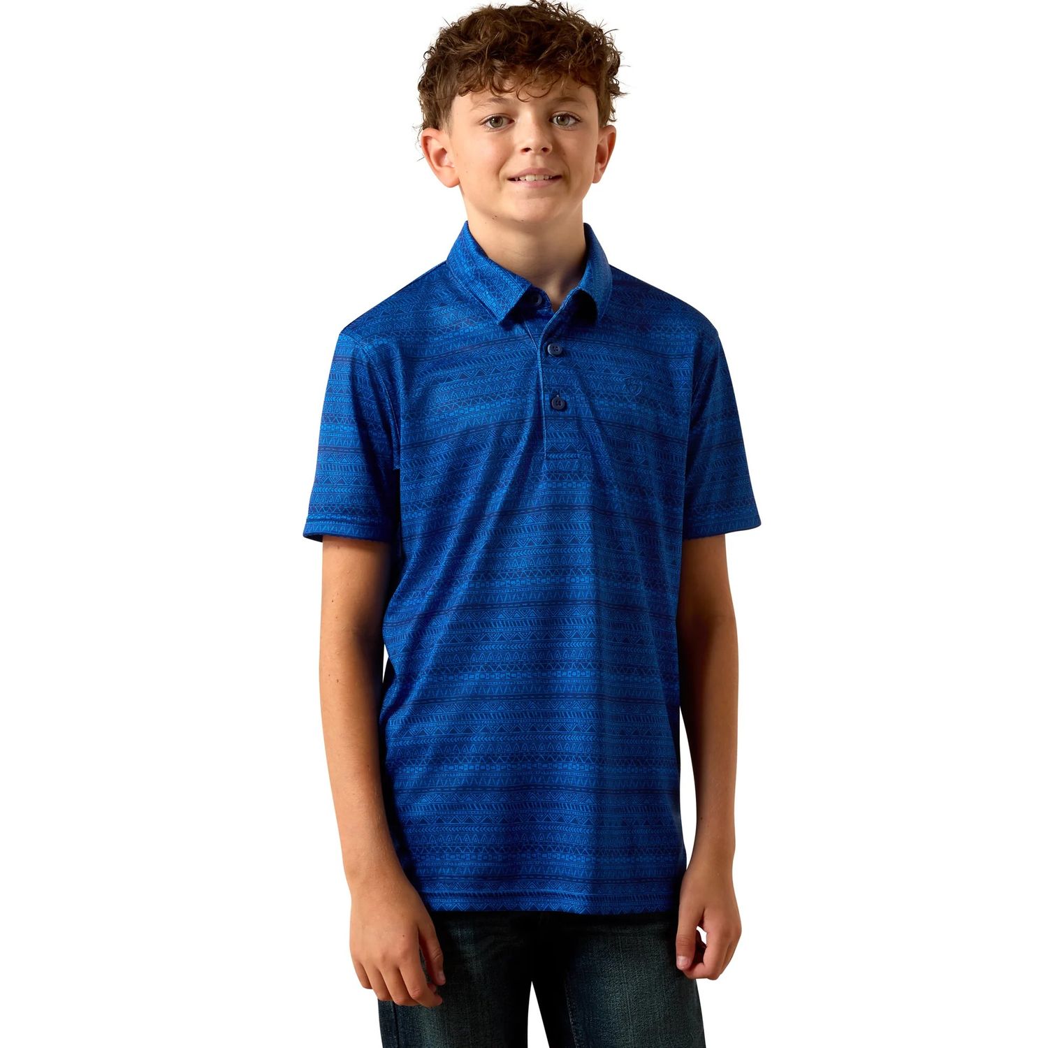 ARIAT BOYS' ALL OVER PRINT POLO SHIRT - BLUE QUARTZ TRIBAL STRIPE