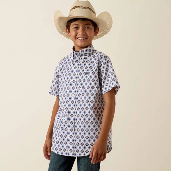 ARIAT BOYS' SHORT SLEEVE BAXTER BUTTON SHIRT - WHITE MULTI SOUTHWEST PRINT