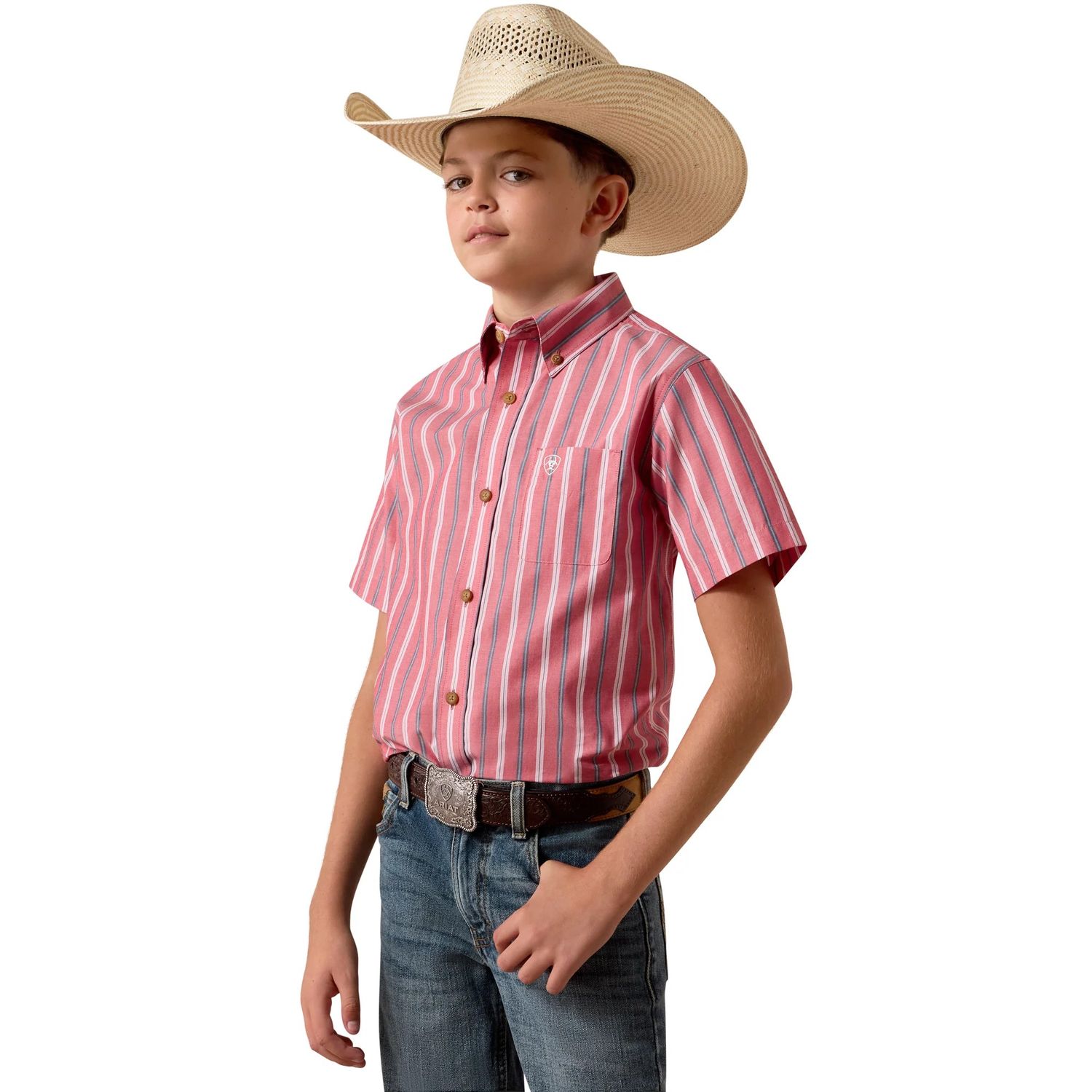 ARIAT BOYS' SHORT SLEEVE PRO SERIES BOBBY BUTTON SHIRT - HIBISCUS RED STRIPE