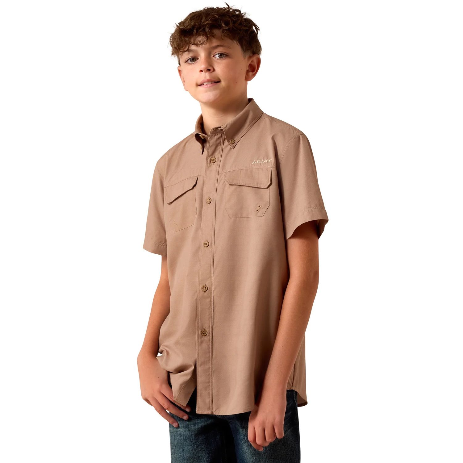 ARIAT BOYS' SHORT SLEEVE PRINTED VENTTEK OUTBOUND BUTTON SHIRT - KHAKI SOUTHWEST CROSS PRINT