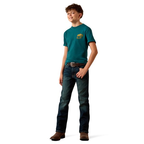 ARIAT BOYS' BISON WANDER FLAG TEE SHIRT - MEDITERRANEAN