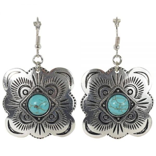JUSTIN WOMEN'S SILVER CONCHO WITH TURQUOISE COLORED STONES EARRINGS