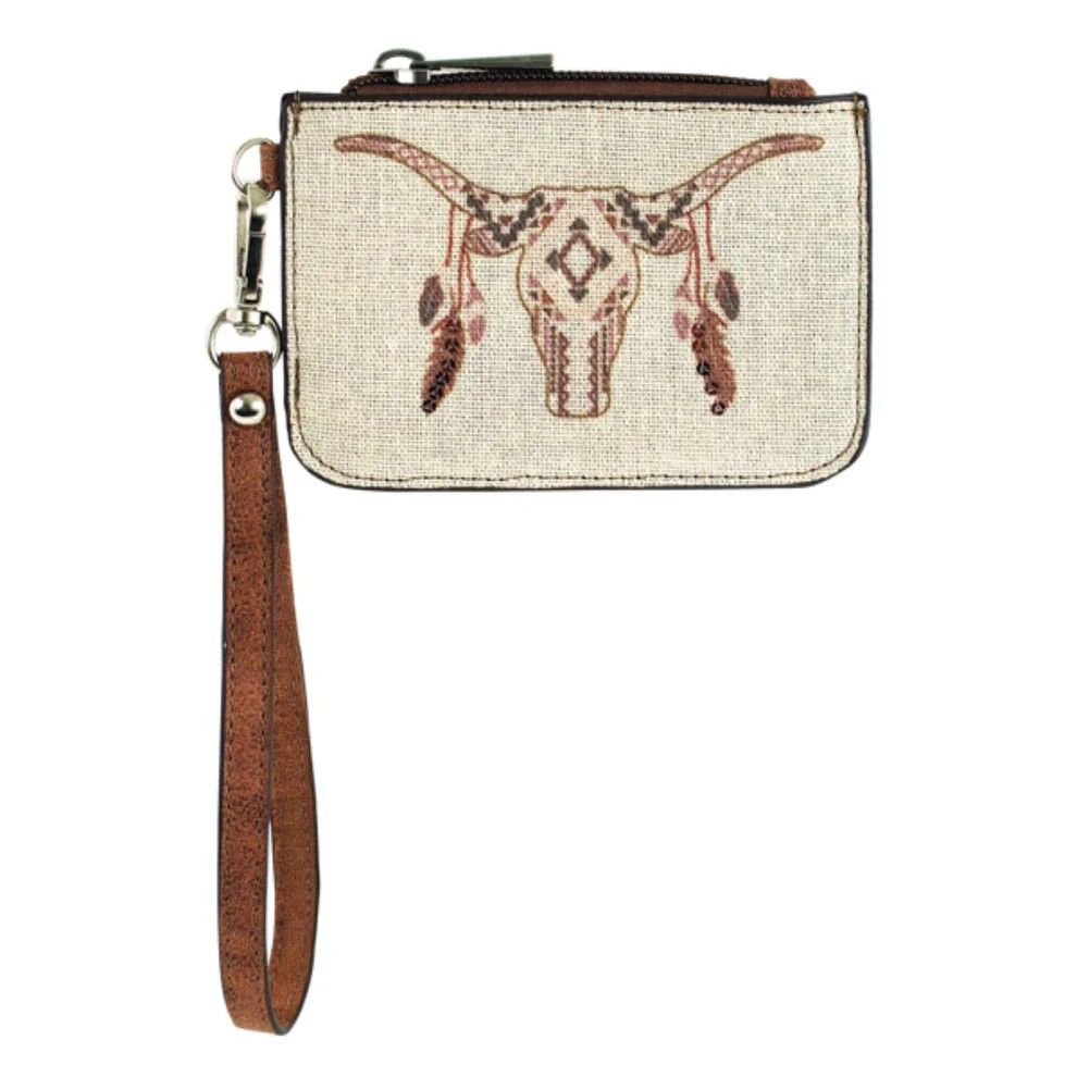 CATCHFLY WOMEN'S MINI CARD WALLET - CANVAS COW SKULL WITH FEATHERS