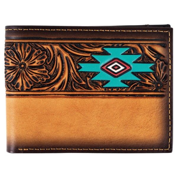 RED DIRT HAT CO. MEN'S BIFOLD WALLET - TAN FLORAL TOOLING AZTEC DESIGN