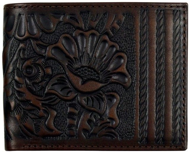 JUSTIN MEN'S LEATHER LARGE BIFOLD WALLET - BROWN FLORAL TOOLING
