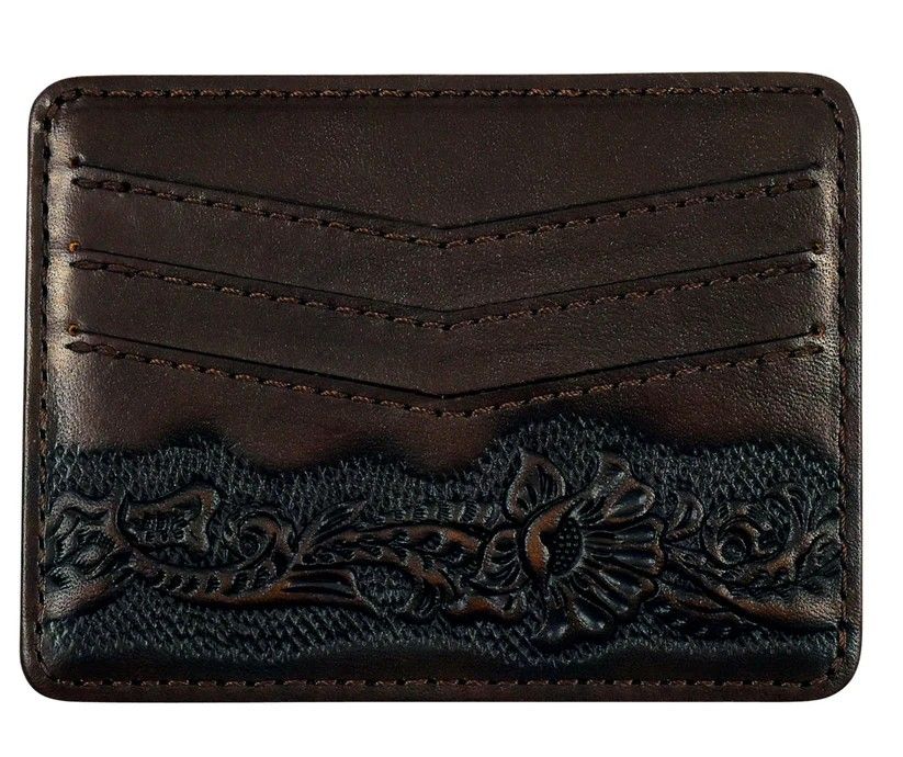 JUSTIN MEN'S LEATHER SLIM CARD WALLET - BROWN FLORAL TOOLING