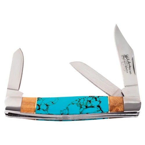 JUSTIN STOCKMAN KNIFE - TURQUOISE COLORED STONE AND BURLWOOD HANDLE