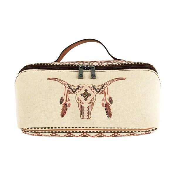 CATCHFLY WOMEN'S COSMETIC CASE - CANVAS COW SKULL WITH FEATHERS