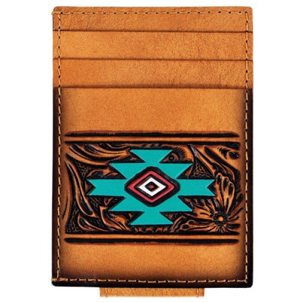 RED DIRT HAT CO. MEN'S CARD CASE WITH MAGNETIC CLIP - TAN FLORAL TOOLING AZTEC DESIGN