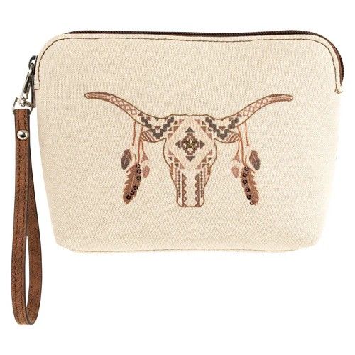 CATCHFLY WOMEN'S COSMTIC POUCH - CANVAS COW SKULL WITH FEATHERS