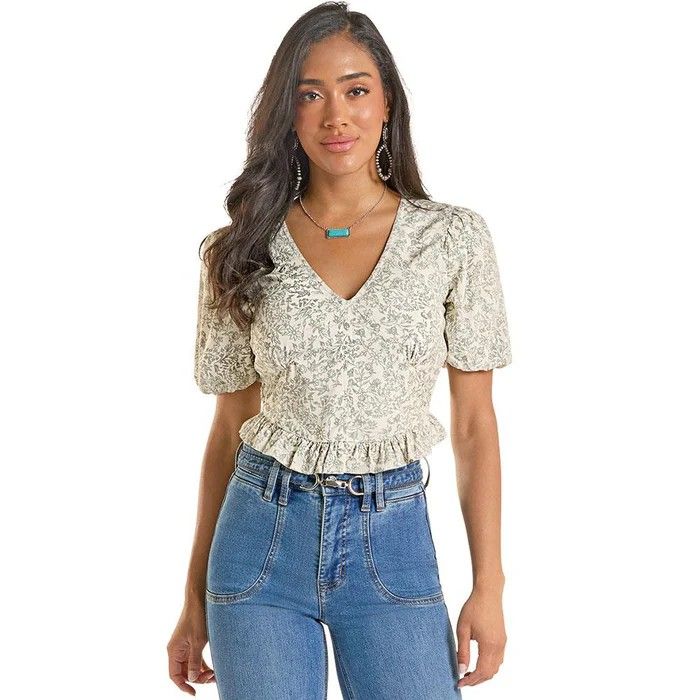 ROCK &amp; ROLL DENIM WOMEN'S SHORT SLEEVE FLOWER PRINT CORSET TOP - JADE