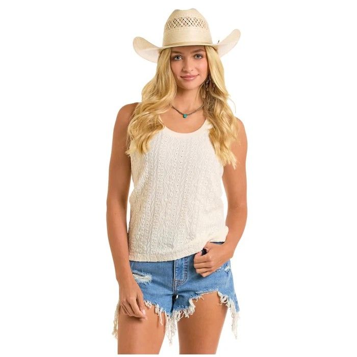 ROCK &amp; ROLL DENIM WOMEN'S KNIT TANK WITH RAISED DESIGN - NATURAL