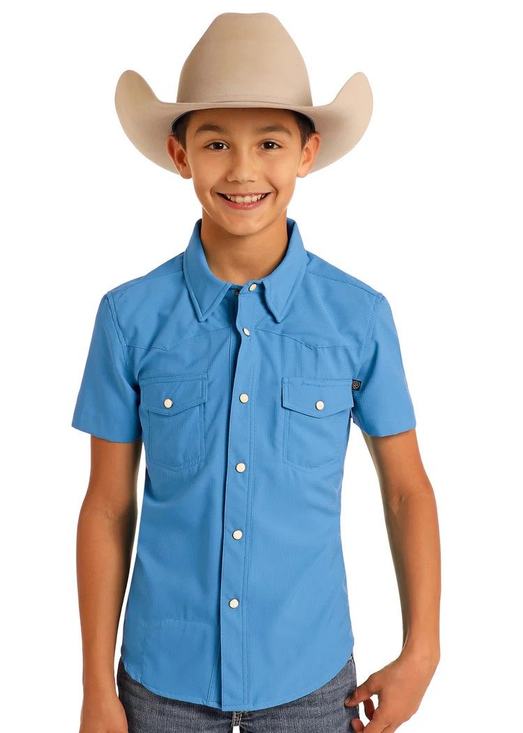 ROCK &amp; ROLL DENIM BOYS' SHORT SLEEVE TEK PEARL SNAP SHIRT - BLUE
