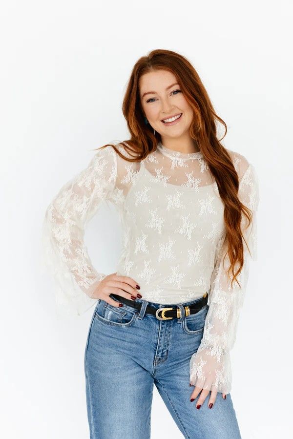 TURQUOISE HAVEN WOMEN'S LONG SLEEVE LACE RUFFLE SLEEVE SHIRT - IVORY