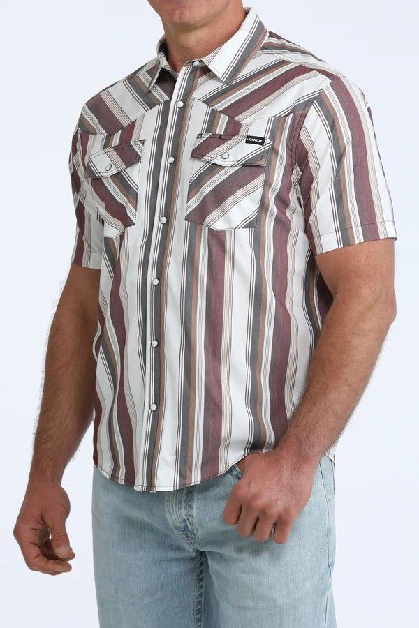CINCH MEN'S SHORT SLEEVE STRIPED CAMP PEARL SNAP SHIRT - WHITE