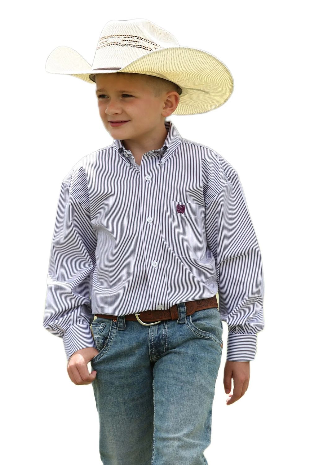 CINCH BOYS' LONG SLEEVE TWO-TONE STRIPED TENCEL BUTTON SHIRT - WHITE
