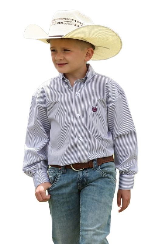 CINCH BOYS' LONG SLEEVE TWO-TONE STRIPED TENCEL BUTTON SHIRT - WHITE