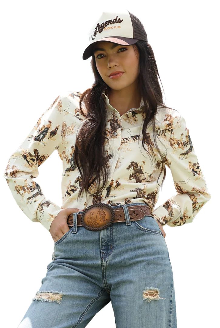 CRUEL DENIM WOMEN'S LONG SLEEVE WESTERN PRINT BUTTON SHIRT - CREAM