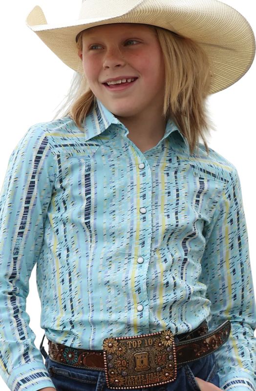 CRUEL DENIM GIRLS' LONG SLEEVE PRINT PEARL SNAP SHIRT - LIGHT BLUE