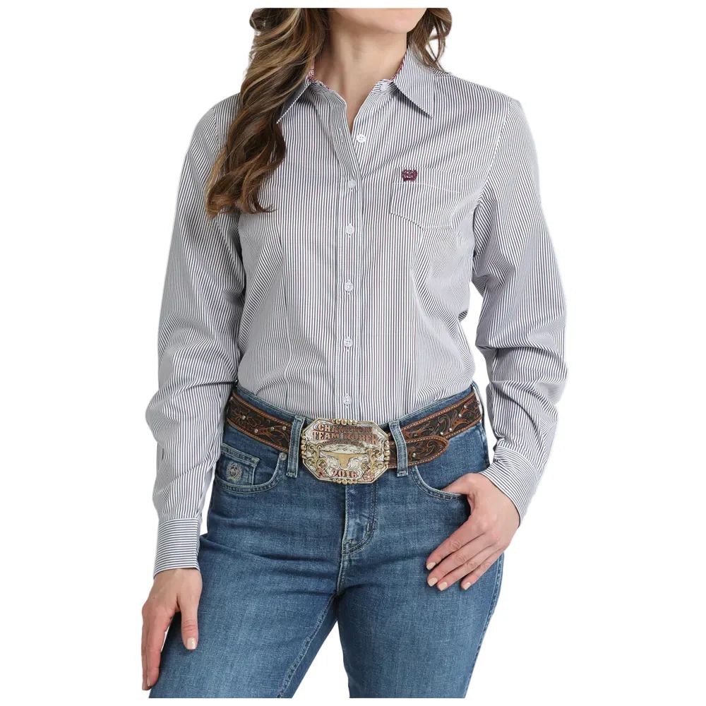 CINCH WOMEN'S LONG SLEEVE TWO-TONE STRIPED TENCEL SHIRT - WHITE