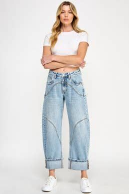 SAIGE DENIM WOMEN'S HIGH RISE BARREL WIDE CUFF - LIGHT ACID