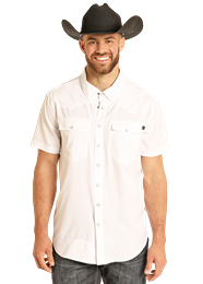 ROCK &amp; ROLL DENIM MEN'S TEK SHORT SLEEVE SOLID RIPSTOP SNAP SHIRT - PINK