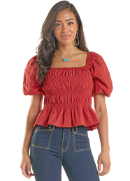 ROCK &amp; ROLL DENIM WOMEN'S EMBROIDERED SLEEVE TOP - RED