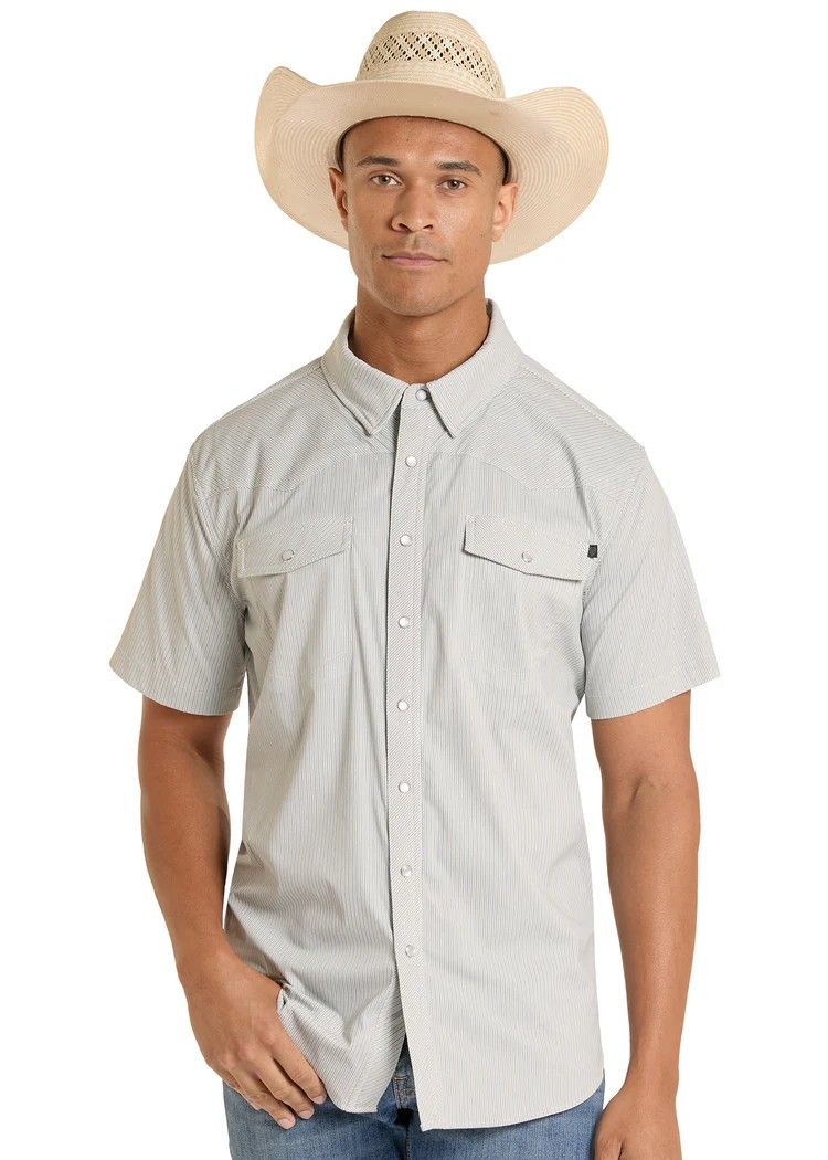 ROCK &amp; ROLL DENIM TEK CORE STRIPES SNAP SHIRT - GREY