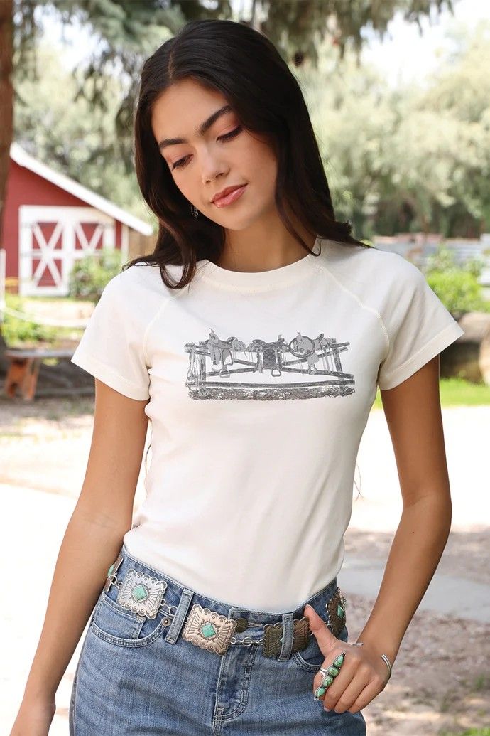CRUEL DENIM WOMEN'S SHORT SLEEVE SADDLE TEE SHIRT - WHITE