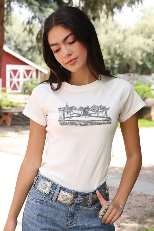 CRUEL DENIM WOMEN'S SHORT SLEEVE SADDLE TEE SHIRT - WHITE
