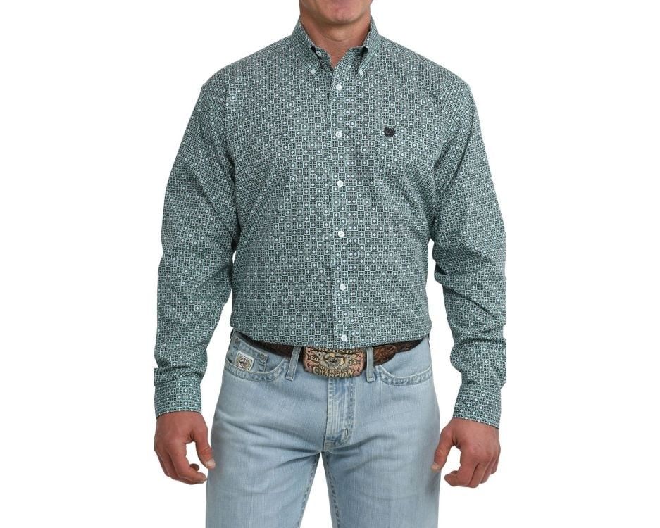 CINCH MEN'S LONG SLEEVE SQUARE PRINT BUTTON SHIRT - GREEN