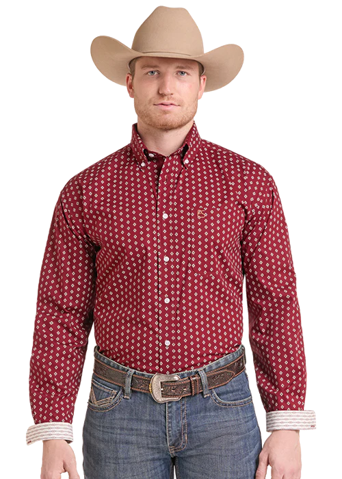 ROCK &amp; ROLL DENIM MEN'S LONG SLEEVE 1-POCKET PEARL SNAP SHIRT - RED