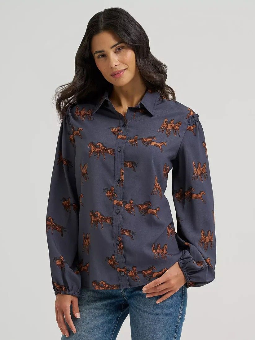 WRANGLER WOMEN'S LONG SLEEVE RETRO PUNCHY RUFFLE SLEEVE SHIRT - BLUE