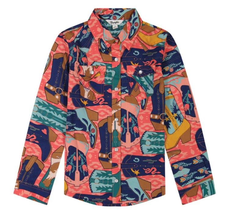 WRANGLER GIRLS' LONG SLEEVE BOOT PRINT PEARL SNAP SHIRT - PINK