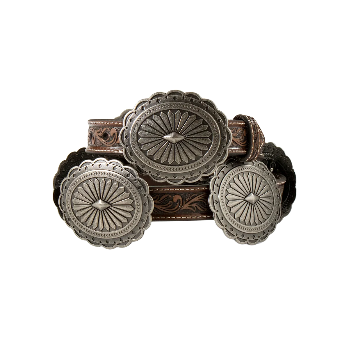ARIAT WOMAN'S OVAL FLORAL SILVER CONCHO TAN LEATHER BELT