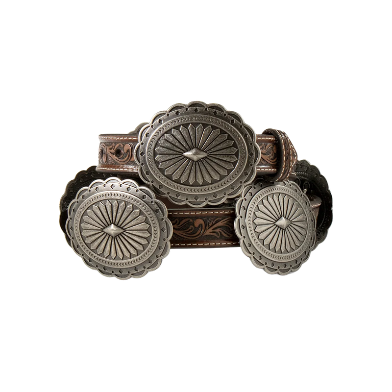 ARIAT WOMAN'S OVAL FLORAL SILVER CONCHO TAN LEATHER BELT
