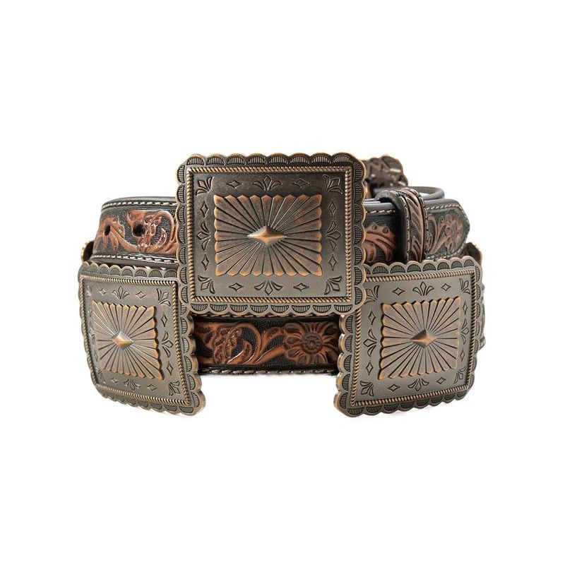 ARIAT WOMEN'S FLORAL EMBOSSED SCALLOPED CONCHO LEATHER BELT - 1"