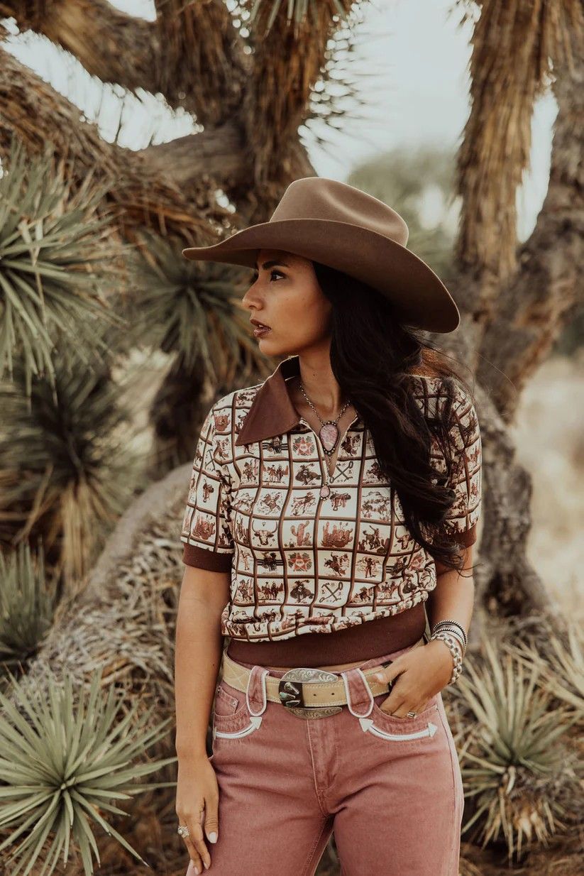 HOWDY HANNY WOMEN'S WESTERN SQUARE VINTAGE POLO - BROWN