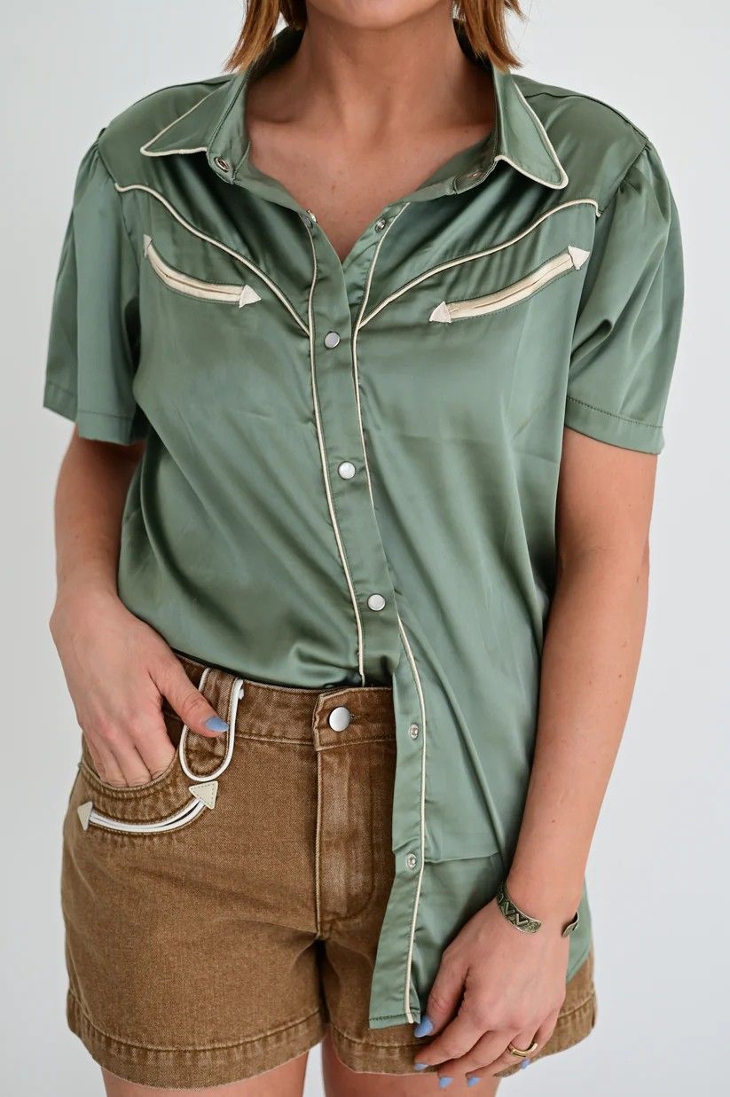 HOWDY HANNY WOMEN'S SHORT SLEEVE GINGHAM HORSE PEARL SNAP SHIRT - TEAL